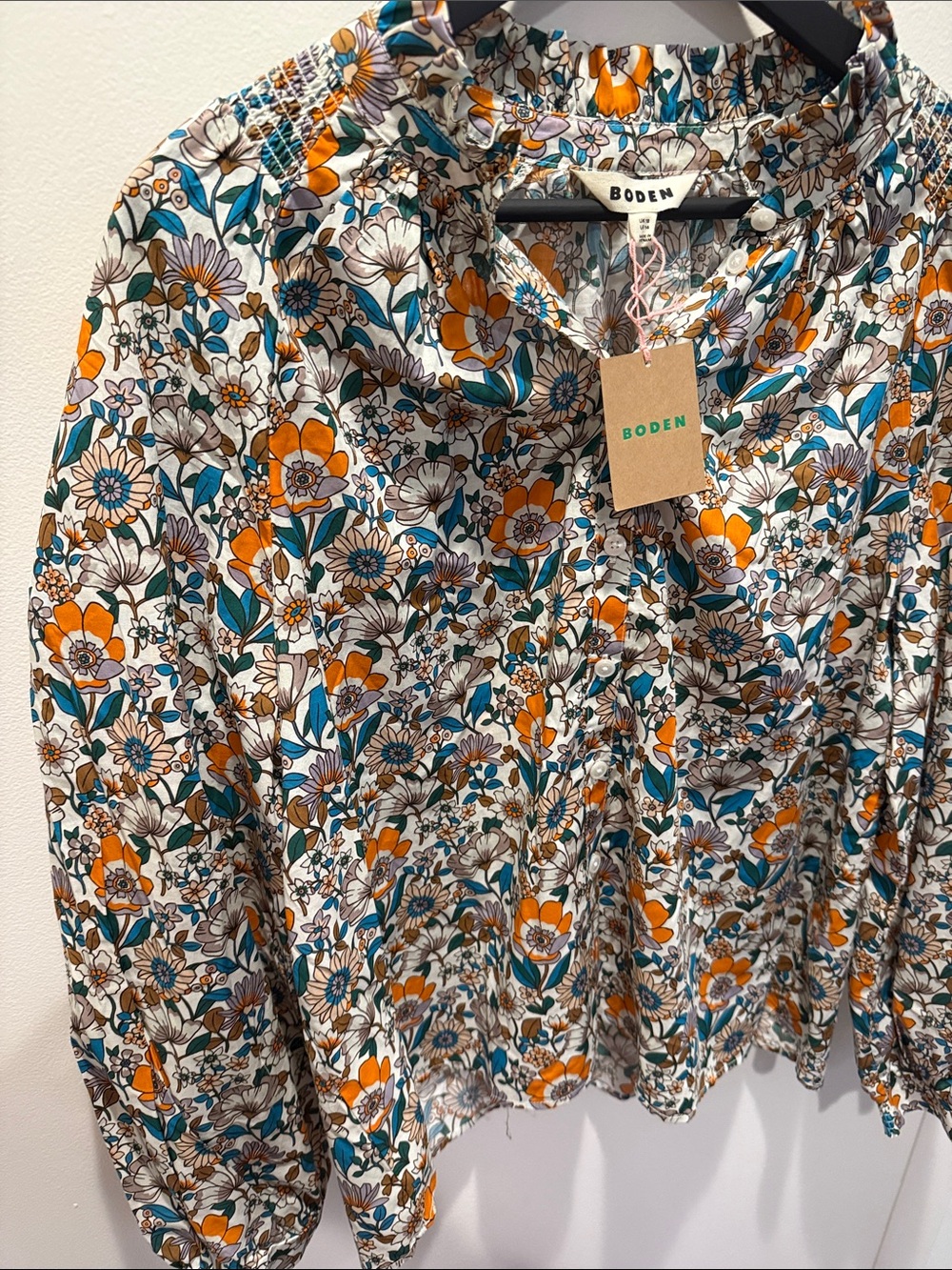 Boden Floral Button-Front Top in Orange, Teal & Brown - Picture 3 of 5